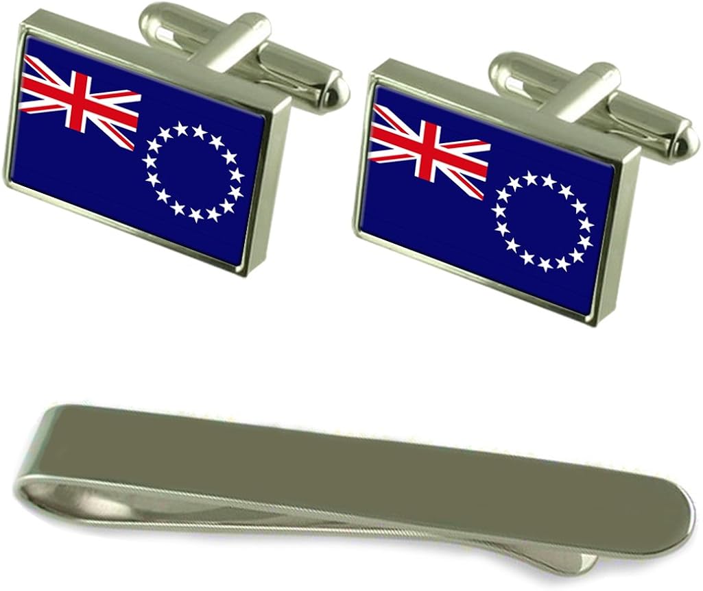 人気提案 クック諸島の国旗カフスボタンシルバータイクリップ刻まれたギフトセット メンズアクセサリー Depureco Asia