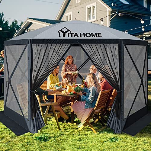 YITAHOME 11.5x11.5ft Camping Gazebo, Portable Pop Up Canopy Outdoor Screen Tent 6 Sided with Mesh Windows and Carry Bag for Camping, Picnic, Backyard Party Outside Activities, Gray image 21