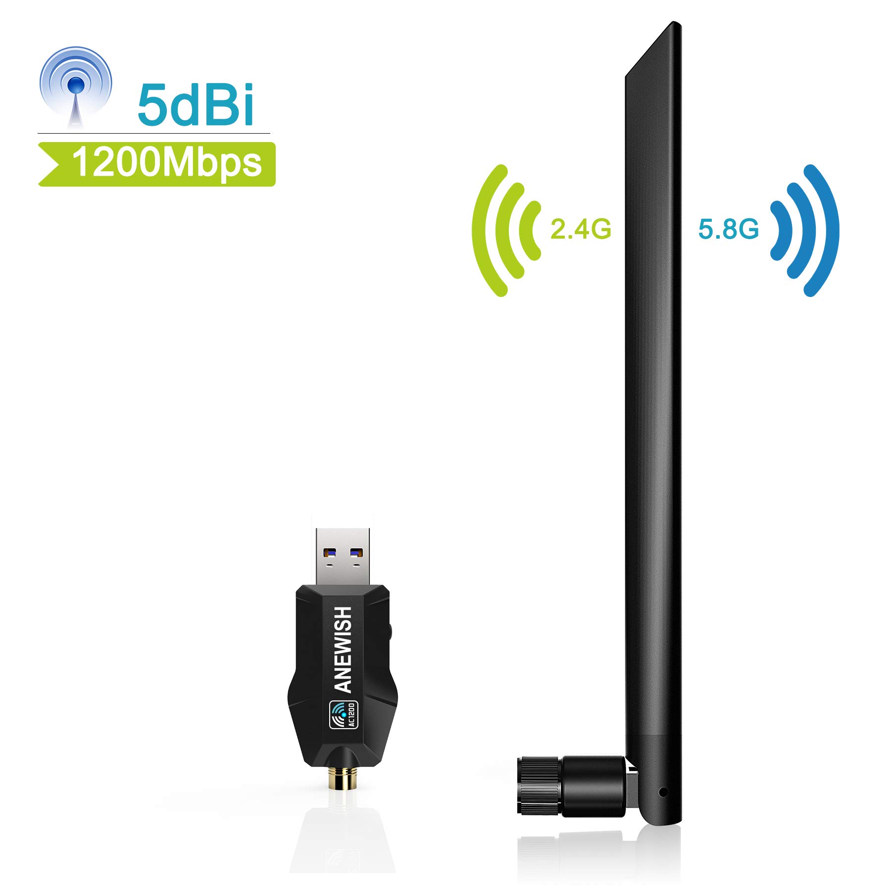 ANEWISH 1200Mbps WiFi Adaptor USB 3.0 WiFi Stick with 5G 866Mbps + 2.4G 5dBi Antenna Dual Band 300 Mbps WiFi Adapter for Windows XP/Vista/7/8/Mac OS 10
