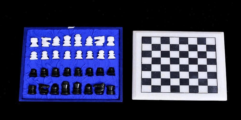 blue and white marble chess set