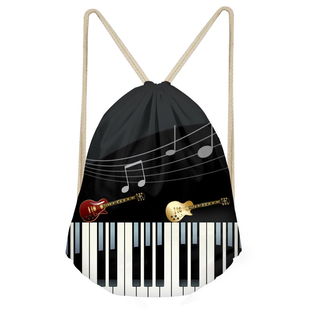 WHEREISART Piano Music Notes Printed Training Gymsack Stylish Drawstring Bag Large Capacity Cinch Bag