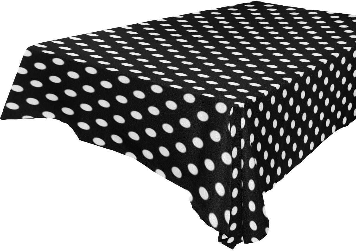 New CreationsFabric & Foam Inc, 60" Wide by 144" Long Rectangular Poly Cotton Polka Dot Tablecloth, White Dot on Black.
