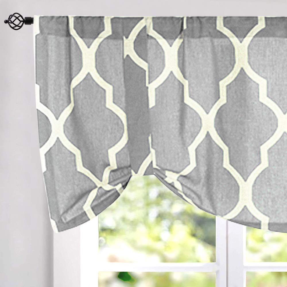 jinchan Geometric Tie Up Valance Curtains for Kitchen Living Room Flax Linen Textured Window Curtains Morocco Lattice Adjustable Tie-up Shade Valance Curtains 1 Panel Rod Pocket 18 Inch Grey on Beige