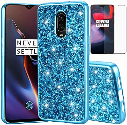 OnePlus 6T Case, 1+6T TPU Case with HD Screen Protector, I VIKKLY Ultra Slim Glitter Bling Shiny Sparkle Rhinestone Gel TPU Silicone Shockproof Protective Case Cover for OnePlus 6T (2018) (Blue)