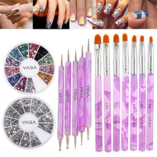 Amazing Value Highest Quality Professional Nail Art Accessories Set Kit With 5 Purple Double Ended Dotting / Marbling Tools / Dotters, 7 Purple Brushes / Stripers / Liners, Wheels of 1200 Silver Rhinestones Decorations And of 2400 Crystals / Gemstones Dec