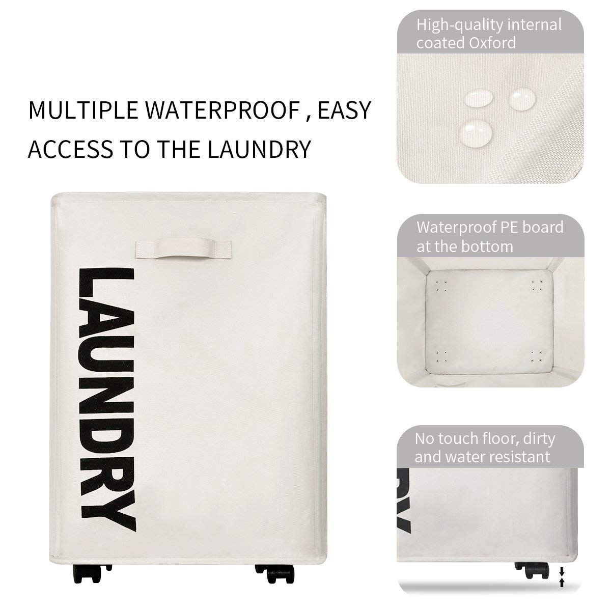 WISHPOOL Large Rolling Stand Folding Slide Laundry Basket Square Collapsible Waterproof Dirty Laundry Hamper Bin Organizer Storage with Mesh Wheels (Beige)