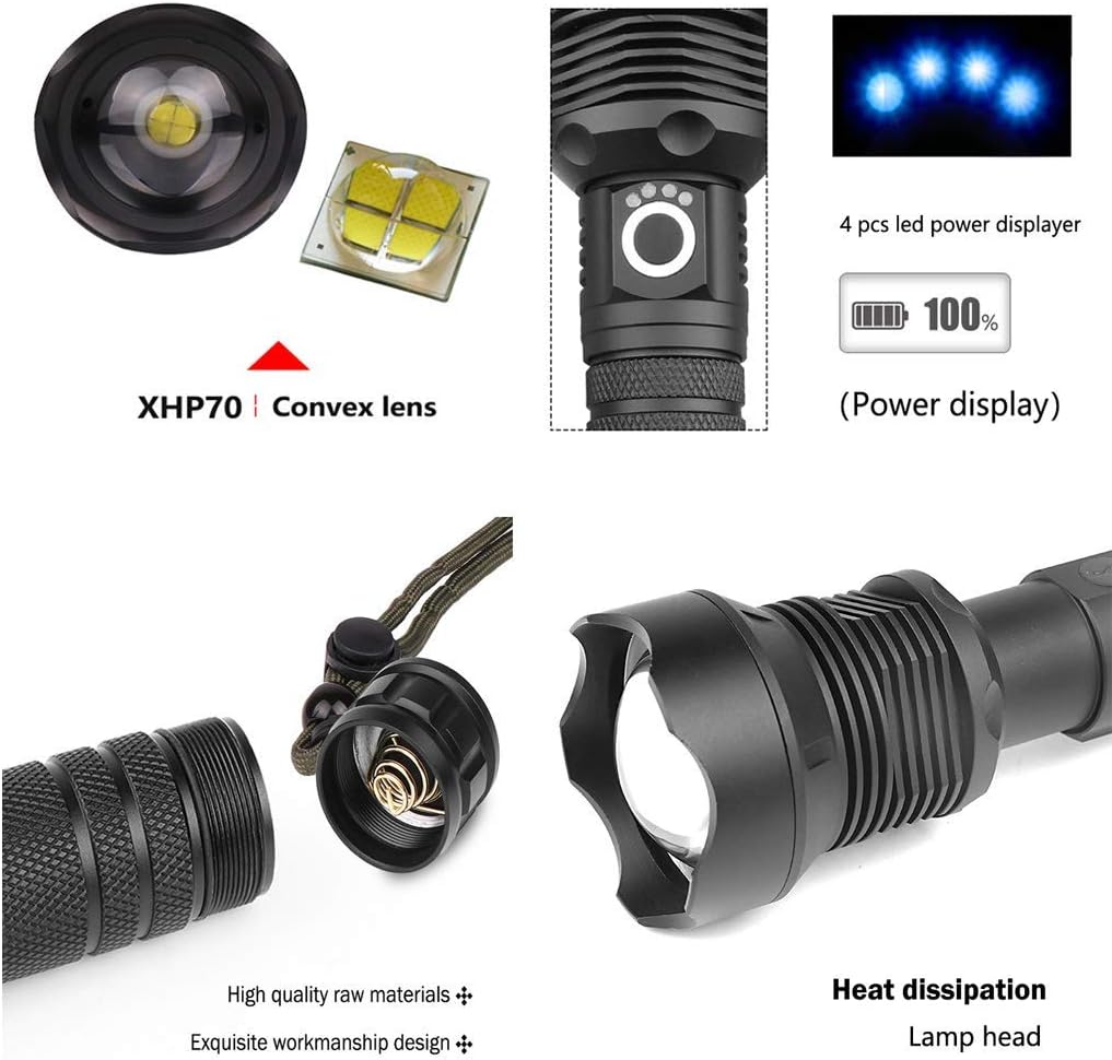 led Flashlight 90000 lumens Most Powerful 26650 USB Torch XHP70 Hunting (P70 Flashlight) - - 