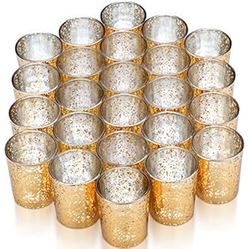 Vizayo Gold Votive Candle Holders - Set of 24 Mercury Glass Votives and Tealight Candle Holder - Gold Wedding Decorations