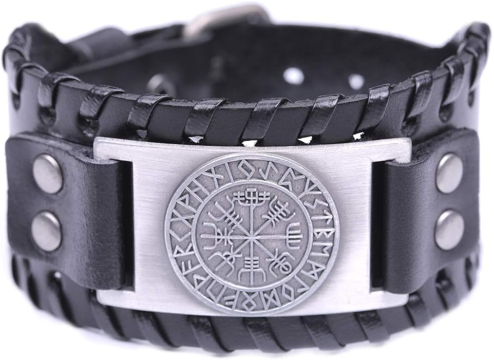 VASSAGO Vintage Nordic Viking Runes Wicca Vegvisir Compass Charm Cuff New-style Belt Buckle Bracelet (Black Leather, Antique Silver)