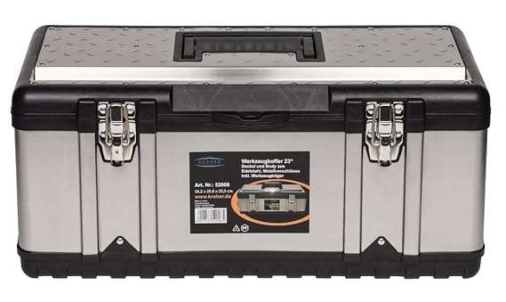 XXL Werkzeugkoffer PROFI 23 aus Edelstahl mit robustem Kunststoff-Rahmen und herausnehmbaren Werkzeugträger. Mit Metallversch