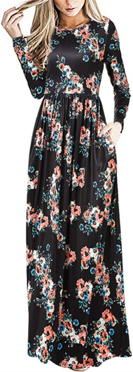 Women Long Sleeve Maxi Dresses in Floral Print with Pockets