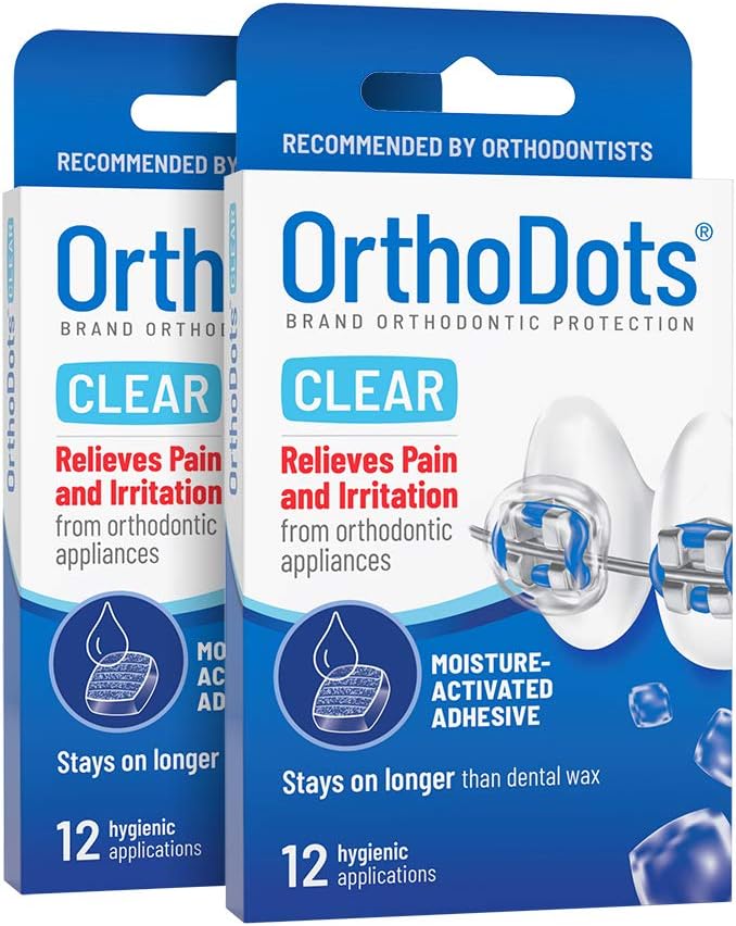 OrthoDots CLEAR (24 Count) - Moisture Activated, Silicone Dental Wax Alternative for Pain Caused by Braces. OrthoDots Stick Better & Stay on Longer than Orthodontic Wax (24 Count Clear)