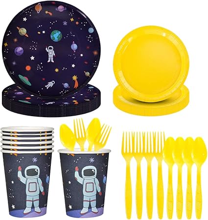 Amazon Co Jp Generic 40点セット 誕生日パーティー使い捨て食器 紙コップ 紙皿 宇宙飛行士星空探査柄 パーティー飾り パーティーデコレーション用 8人分 おもちゃ