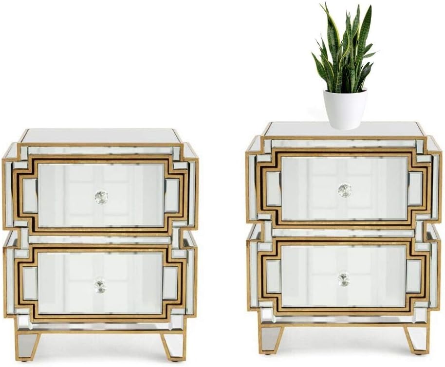 Plata Import Mirrored Nightstand Set Of 2 Mirror And Gold 2 Drwers Nightstand End Side Table Home Furniture Amazon Ca Home Kitchen