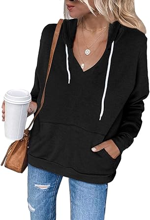 Elegancity Womens V Neck Drawstring Hoodies Sweatshirts Casual Long Sleeve Pullover Hooded Tops 