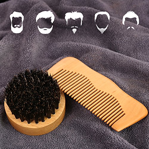 Beard Brush and Comb Grooming Set - Handmade Wooden Combs and 100% Natural Boar Bristle Beard Brush for Man Beard & Mustache