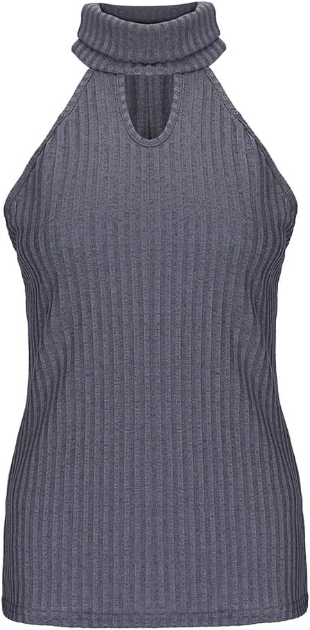 Tiantianmei Women's Cut Out Plunge V Neck Collar Choker High Neck Tank Top Knitted Blouse Tops Dark Grey L