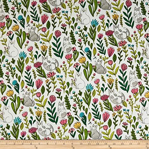 Windham Fabrics Whistler Studios Catnip Flower Cats White, Fabric by the Yard