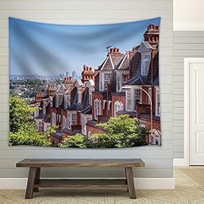 Brick Houses of Muswell Hill and Panorama of London with Canary Wharf, London, UK - Fabric Wall Tapestry Home Decor - 51x60 inches