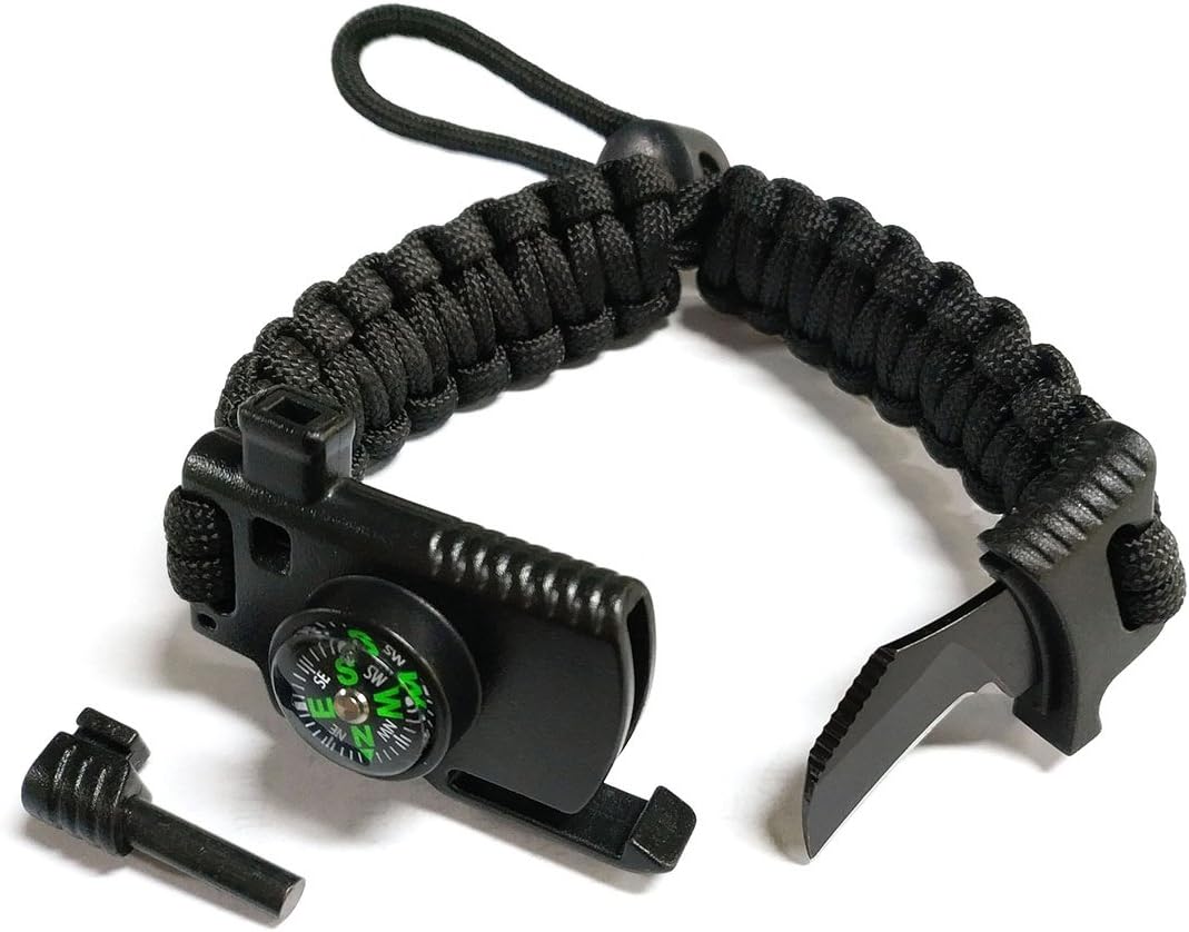 Adjustable Paracord Survival Bracelet Gear 500 LB - Outdoor Hiking Travelling Camping Hunting Kit - Emergency Tactical Parachute Rope Bracelet - Compass, Fire Starter, Knife, Whistle - Black