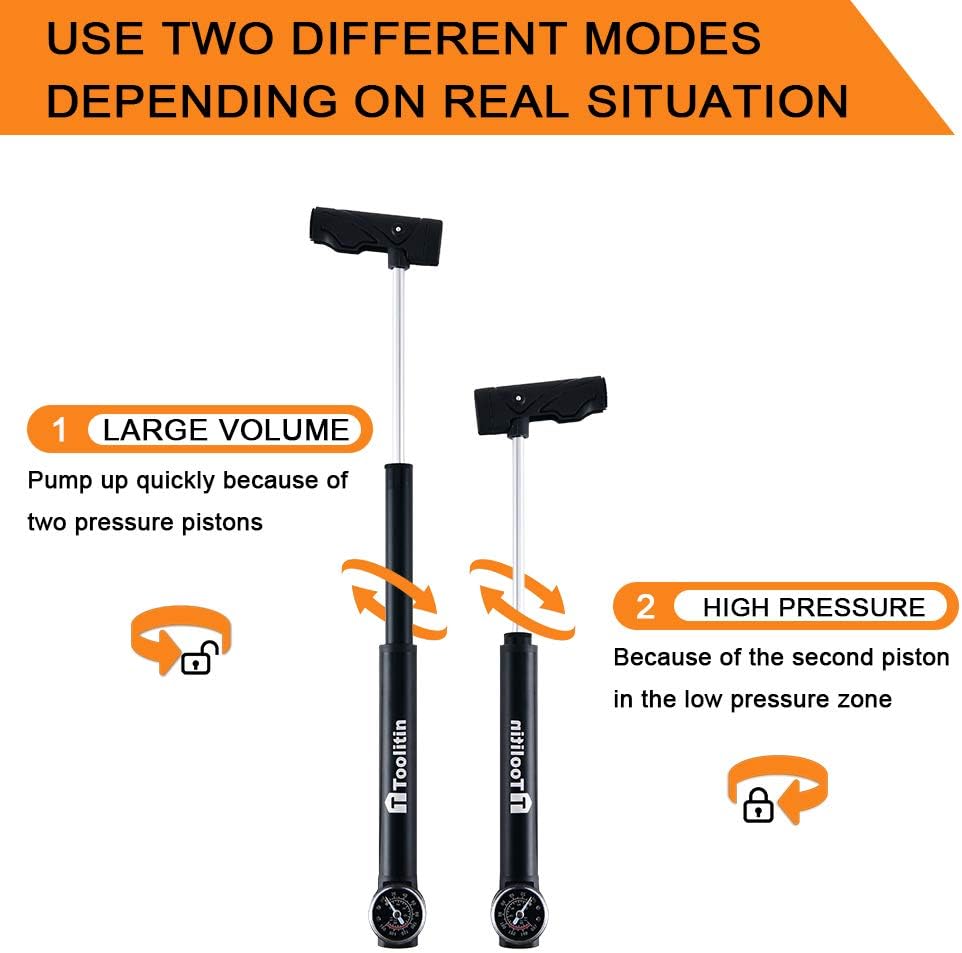 TOOLITIN Mini Bike Pump with Gauge, Accurate Inflation Portable Frame Bicycle Pump Compatible with Presta & Schrader Valve, Activated for Road, Mountain and BMX Bikes, High Pressure 100 PSI (Black) : Sports & Outdoors
