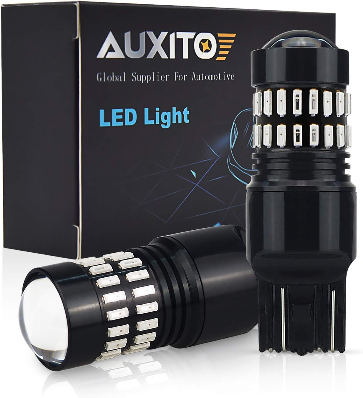 AUXITO Brilliant Red 7443 LED Bulbs 48-SMD 4014 LED Chipsets 7440 7441 7444 992 W21W LED Bulbs with Projector for Brake Lights (Pack of 2)