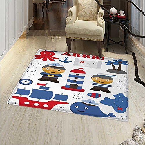 Ahoy Its a Boy Floor Mat Pattern Sea Theme Objects Collection Fishes Ship Lighthouse Sailors Octopus Living Dinning Room & Bedroom Rugs 55"x63" Blue Red White