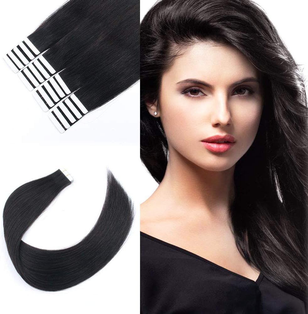 Sixstarhair Off Black Tape In Hair Extensions Black Brown Human Hair Extensions For Women Seamless Tape In Extensions Human Hair 20 Pieces 50g per Pack [Color 1B Off Black 18 Inch]