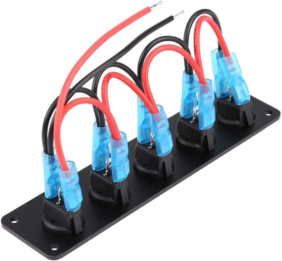Fydun Rocker Switch Panel 5 Gang Rocker Switch Panel Waterproof 12-24V Dash Rocker Toggle Switch Panel Blue LED for RV Boat Yacht Marine