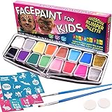 Halloween Face Paint Kit Large | Face Painting Party Set with 32 Stencils, 2 Brushes, 2 Sponges 14 Colors, 2 Glitters & Make-Up Case. Bumper 16-Pack Gift for Kids Free eBook Safe Non-Toxic Water-Based