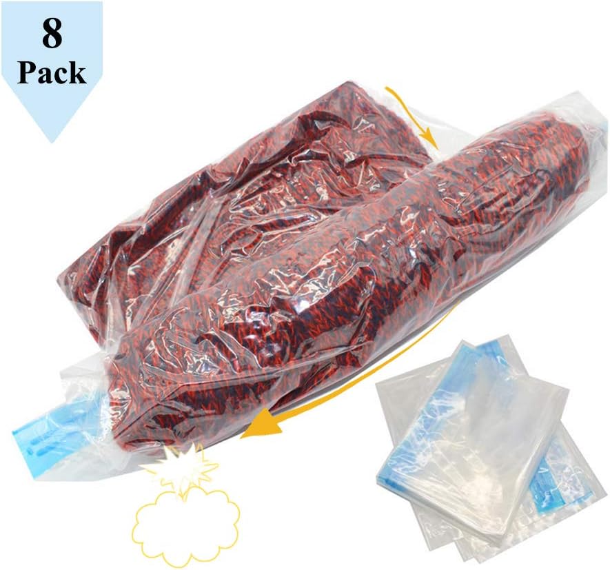 HYCOPROT Space Saver Bags,No Vacuum or Pump Needed,Save 80% More Roll Up Waterproof Compression Reusable Storage Bags for Travel,Clothing,Organizing,Luggage & Bedding-8 Pack(Transparent,8S)