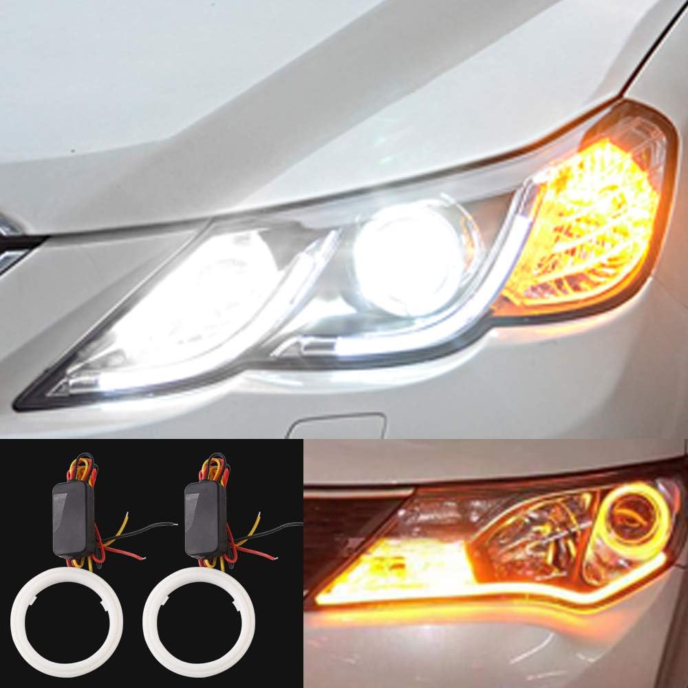 Qasim 1Pair COB Led 70mm Angel Eyes 12V DC with Cotton Cover Halo Rings Angelic LED Car Lights Auto White+Amber Dual Color - Image 5