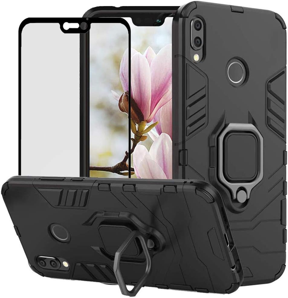 DuoLide for Huawei P20 Lite/Nova 3E Case, 2 in 1 Hybrid Heavy Duty Armor Shockproof Defender Kickstand Dual Layer Bumper Hard Back Case Cover Tempered Glass Screen Protector，Black