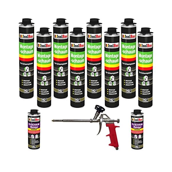 Isolbau Bauschaum-Set - Inkl. 8x 1K Montageschaum Pistolenschaum (je 750 ml), 1x Schaum-Pistole & 2x PU-Schaum-Reiniger…