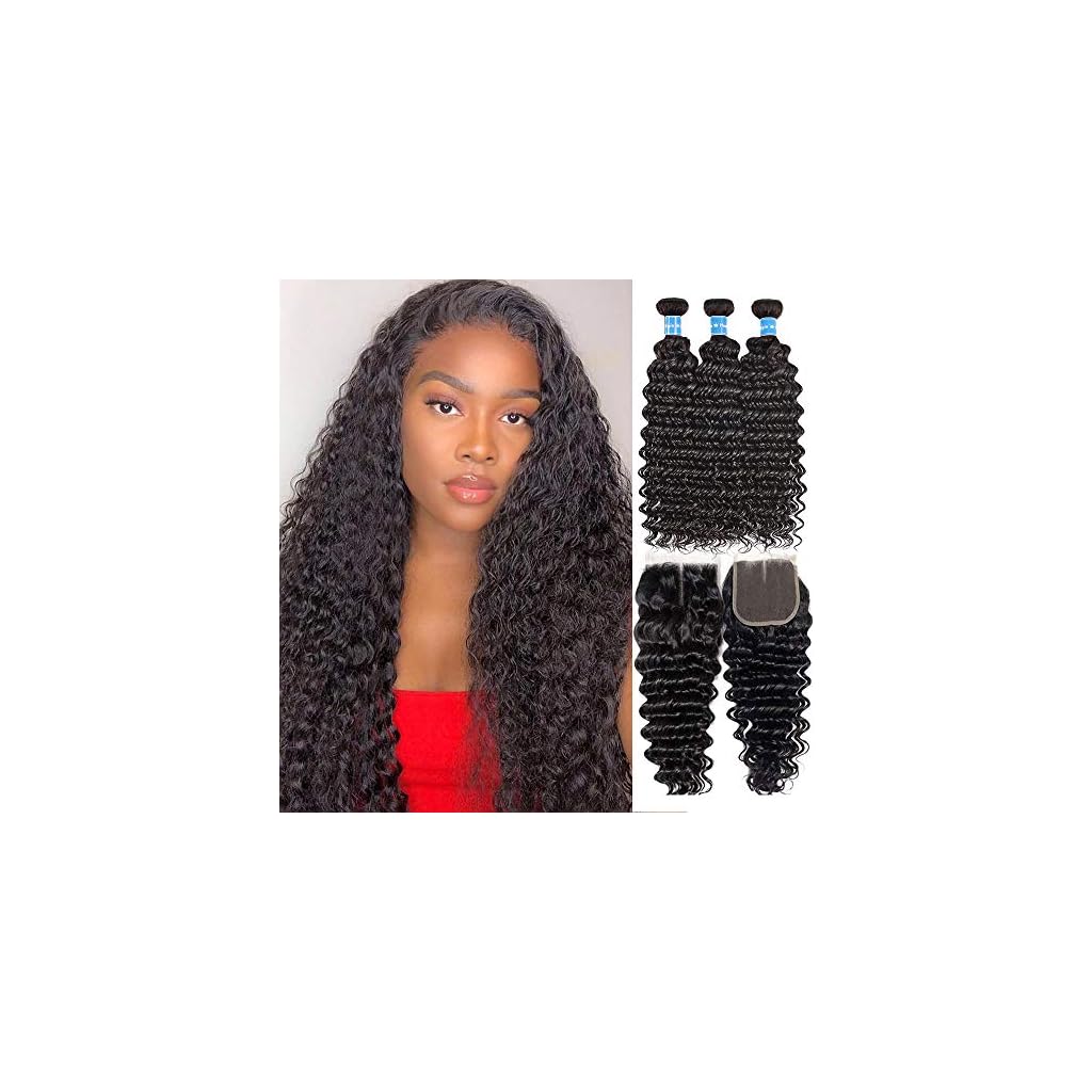 Pineapple Deep Wave Bundles With Closure Middle Part (20 22 24+18) Virgin Brazilian Curly Hair
