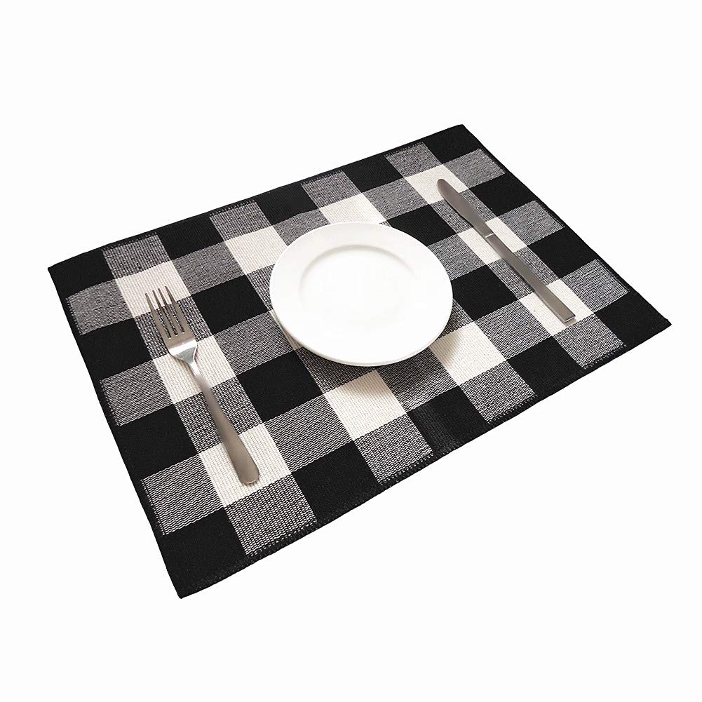 UKELERPlacemats Set of 6 - Buffalo Check Plaid Placemats 100% Cotton Crossweave Plaid Woven Placemats Washable Decorative Heat Insulation Kitchen Table Mats, Black and White