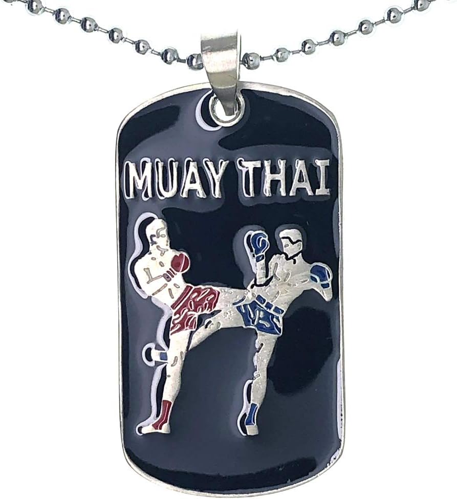 Muay Thai Kick Boxing มวยไทย Dog Tag Kun Khmer Bokator Lethwei MMA Mixed Martial Arts Warrior Pewter Men's Pendant Necklace Protection Amulet Good Luck Lucky Charm Victory Talisman Silver Ball Chain