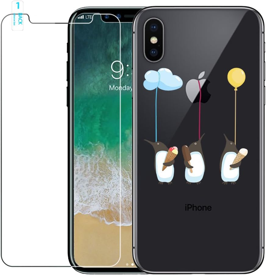 iPhone X Case, iPhone 10 Case with Tempered Glass Screen Protector, Ultra Thin Soft Gel TPU Silicone Case Cover with Cute Cartoon for Apple iPhone X / 10, Penguin