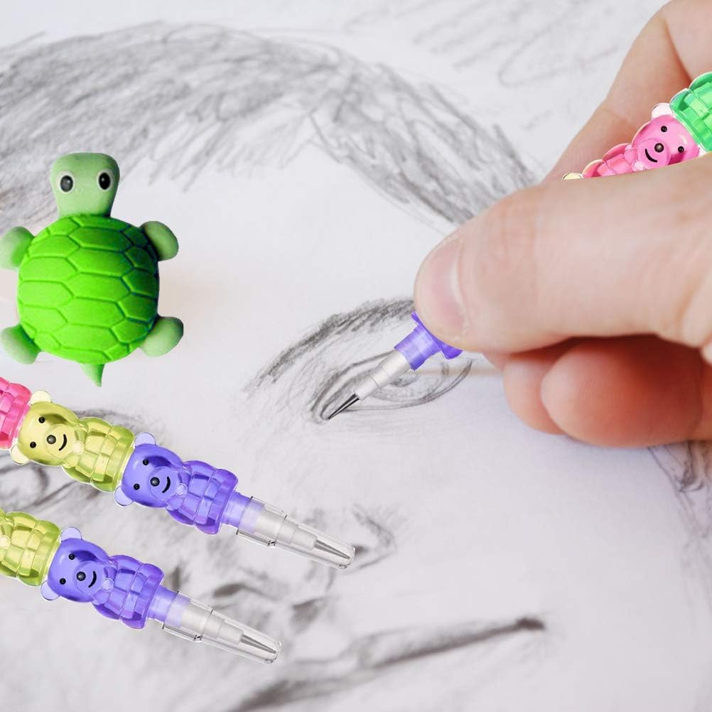 30pcs Stackable Pencils Plastic Bear Pencils, 5 in 1 Stacking Colored Pencils with Turtle Erasers and DIY Blank Bag For Birthday Party Supplies School Fun Equipment: Office Products