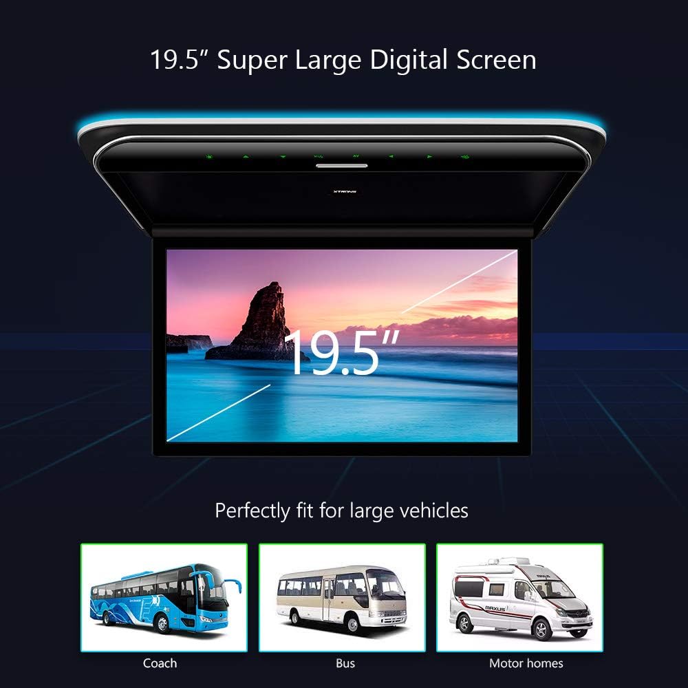 XTRONS 19.5“ HD Digital TFT 16:9 Screen Car Overhead Video Ultra-Thin Car Roof Mounted Player with Built-in HDMI/AV/USB Speakers and Colourful Aura Light (CM195HD) - Image 4