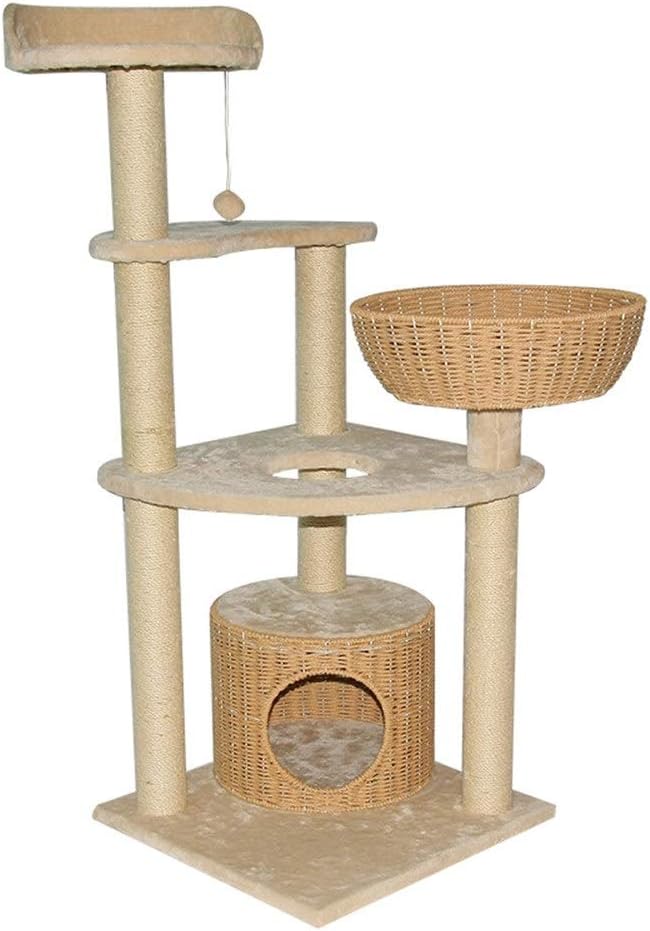 Huangjiahao Cat Tree Tower Woven Cat Climbing Frame Multifunctional Cat Scratching Post Cat Nest Cat Tree One Cat Tree with Cat Hole for Play and Rest (Color : Beige, Size : 49X49X130cm)