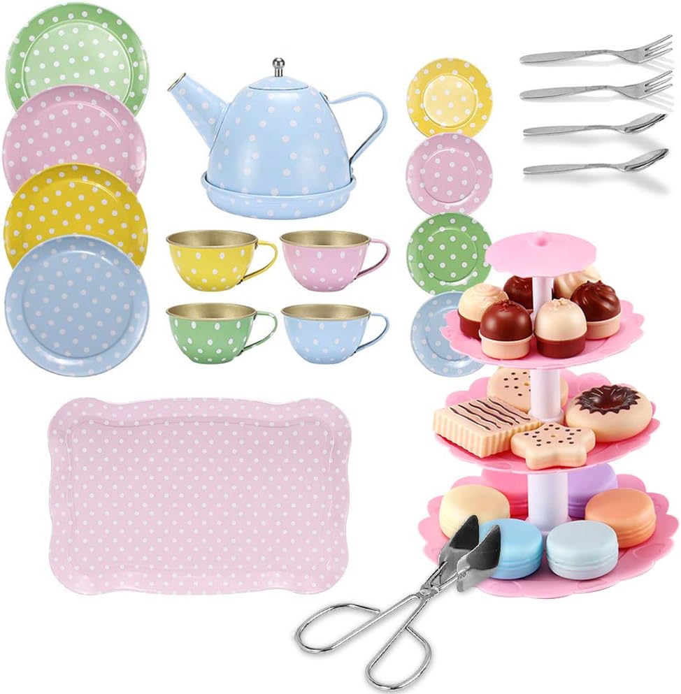 FUQUN 36 Pieces Afternoon Tea Party Teaset Childrens Metal Tea Set Pretend Play Food Cakes