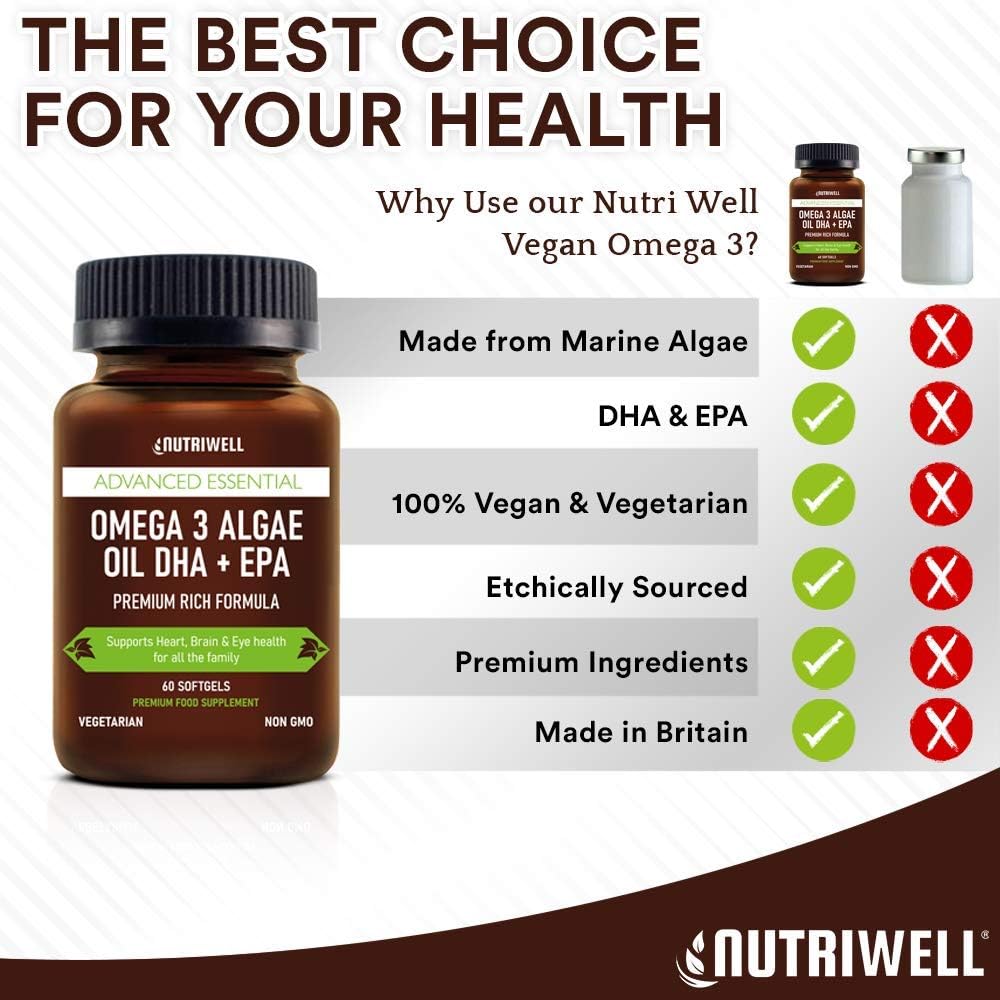 Vegan Omega 3, High Strength Algae Oil, DHA + EPA, 60 Softgel Capsules, Plant Based, Supports Heart, Brain - Image 4