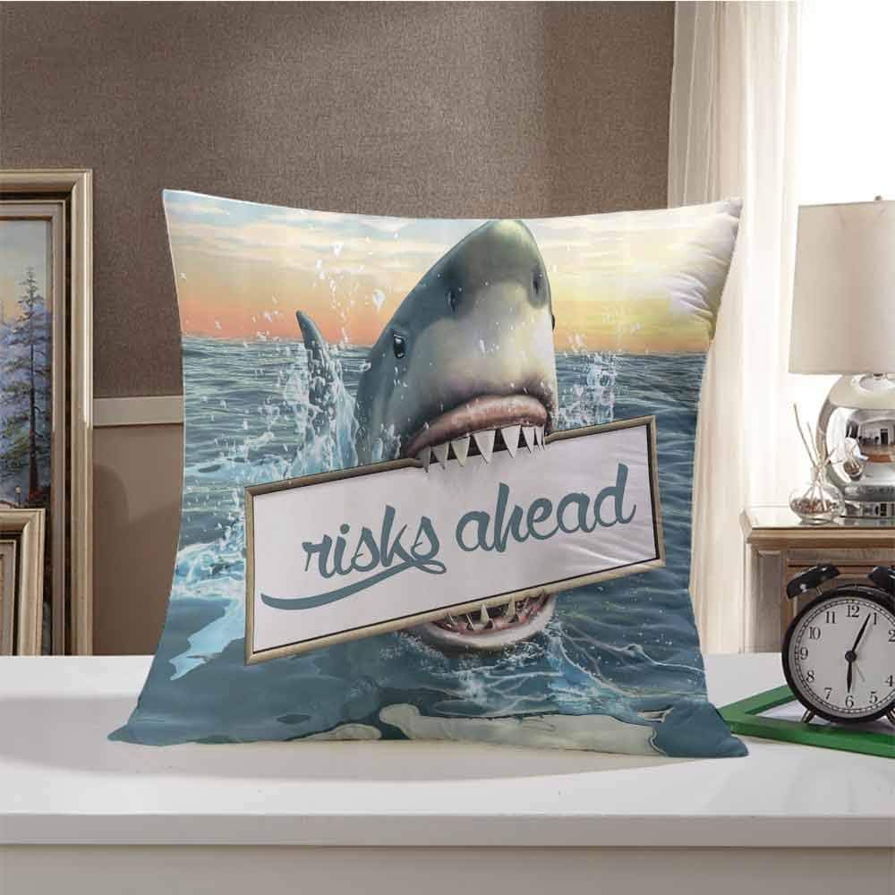 Hypo-Allergenic Poly Pillow Artsy Great Shark,Sea Decorations Fun Quotes Ocean Animals Scary Accessories for Men Cave IdeasFunny,White Yellow Orange Gray Blue 22"x22",Soft and Breathable