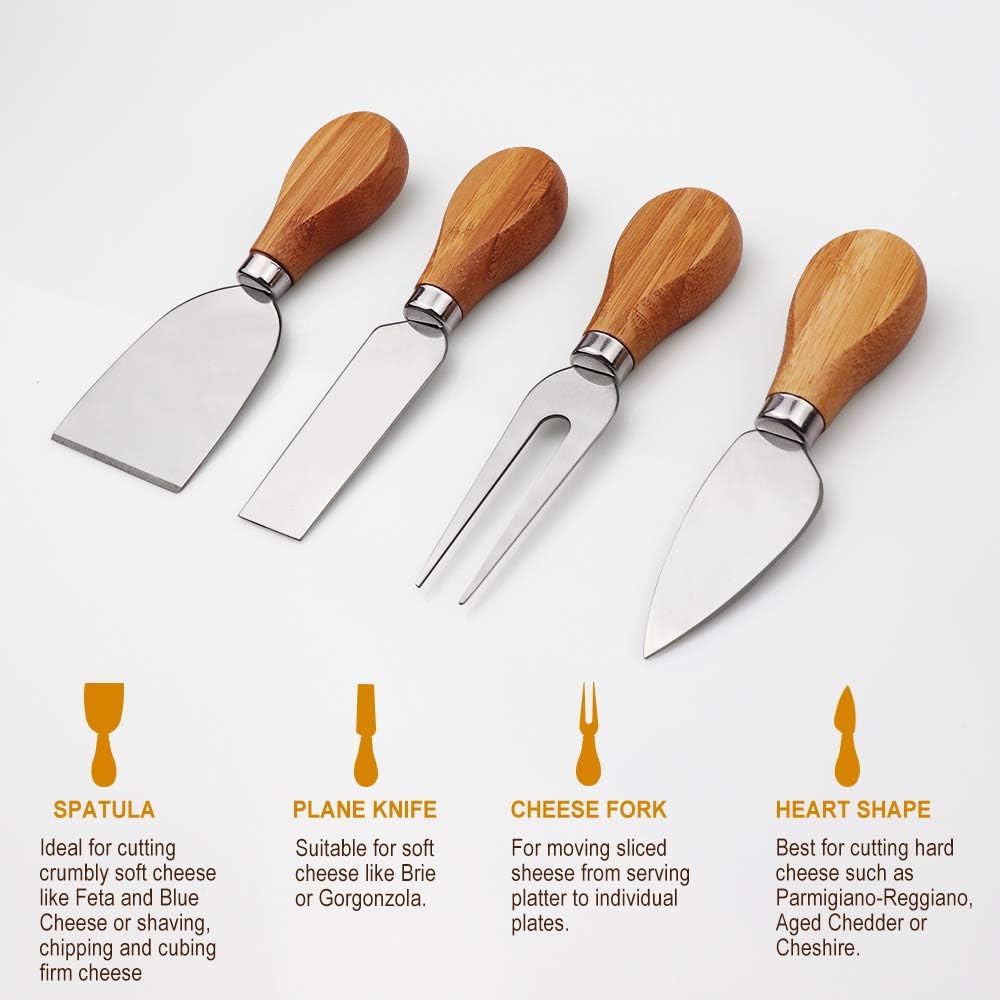 Bamboo Cheese Board Set including Cutlery Wooden Charcuterie Tray Platter Including 4 Stainless Steel Knife and Serving Utensils - Image 4