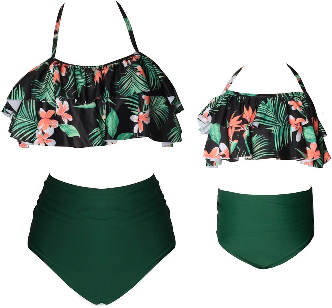 2Pcs Mommy and Me Matching Family Swimsuit Ruffle Women Swimwear Kids Children Toddler Bikini Bathing Suit Beachwear Sets