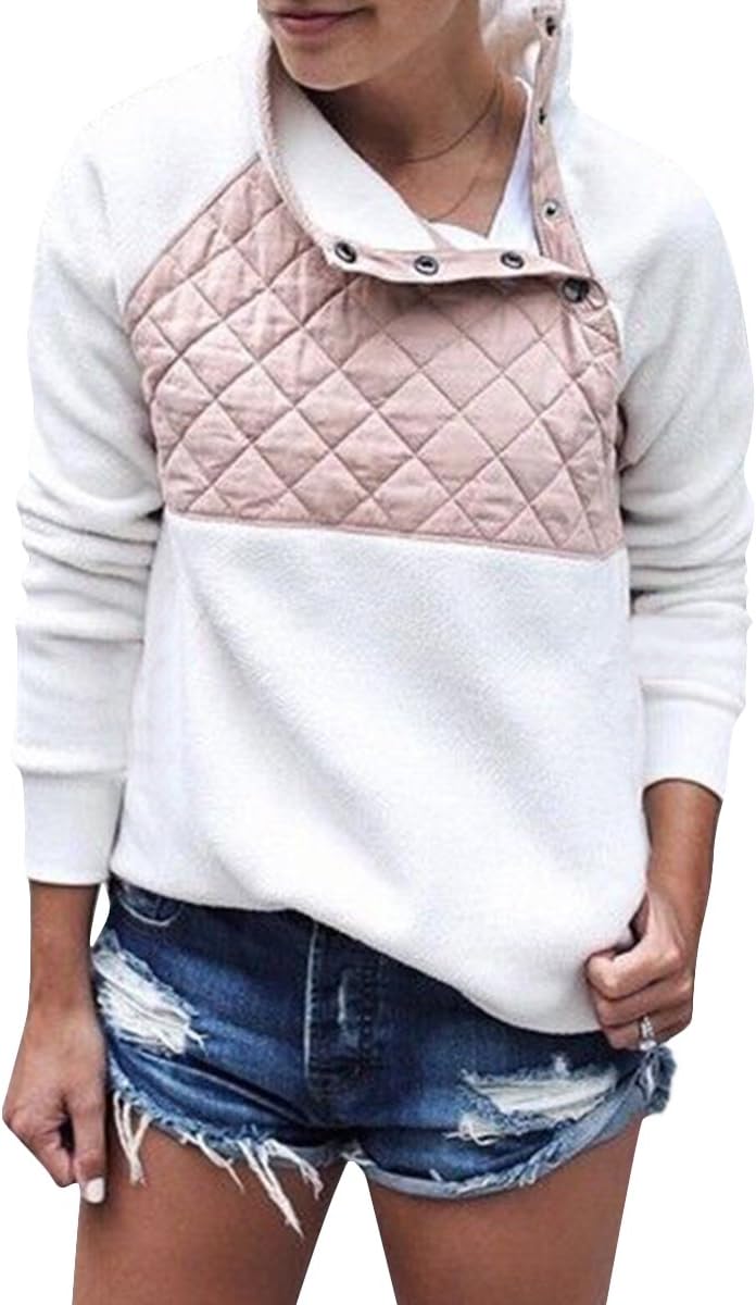 Riojay Women's Stand Collar Oblique Buttons Casual Long Sleeves Splice Fleece Pullover Size L (Pink)