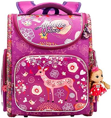 Golovle Christmas Gift Girls School Bag For Elementary Backpacks Deer Flower Waterproof Purple