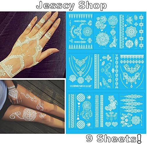 Premium Temporary Tattoos, 9 Sheets, White Color, Long Lasting and Waterproof Temporary Fake Jewelry Tattoo, Sexy Body Tattoo Sticker for Women &amp; Girls(Style 1)
