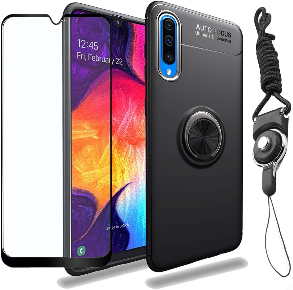 Strug for Samsung Galaxy A50 Case,[Lanyard Neck Cord] 360 Degree Rotating Kickstand Soft TPU Material Magnetic Car Mount Shockproof Slim case with Screen Protector for Samsung Galaxy A50（Black）